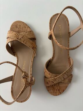 Stuart Weitzman Cork Cross-Strap Sandals in Natural Beige